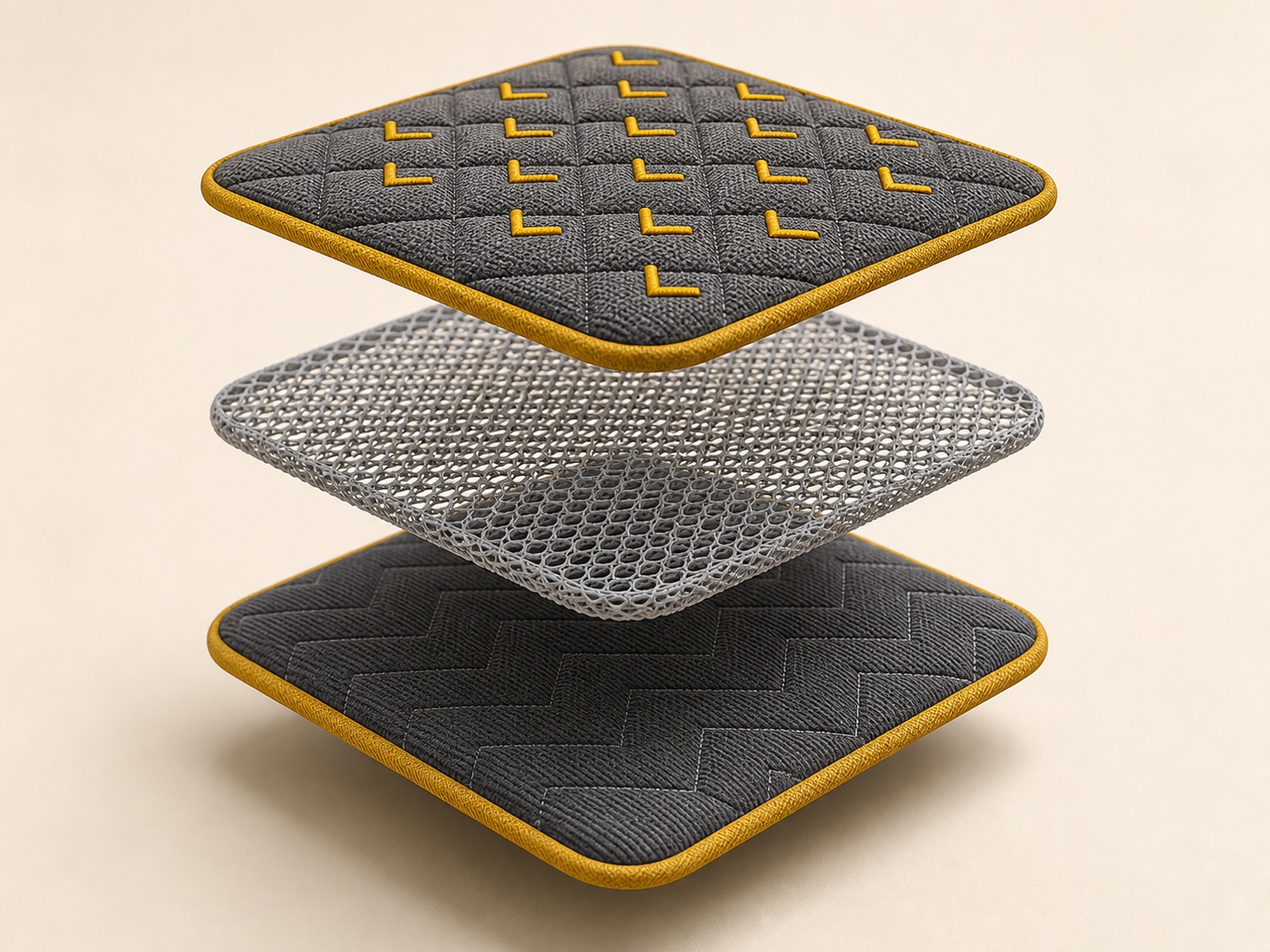Exploded view of charcoal LavinCare MotionPad with microfiber, spacer mesh, and corduroy layers