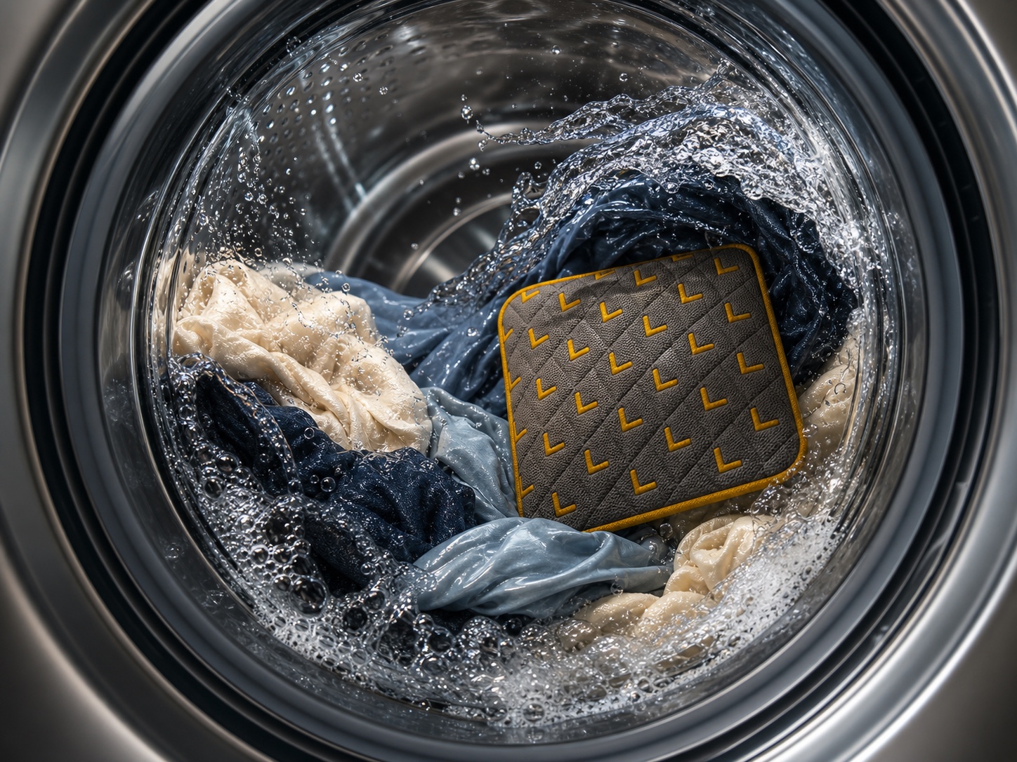 Charcoal LavinCare MotionPad tumbling with cream and blue garments inside a washing machine drum